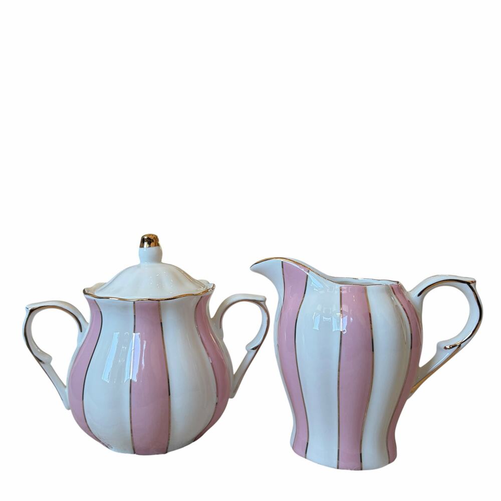 Grace Teaware Fine Porcelain Creamer & Sugar Bowl Pink White Stripe New